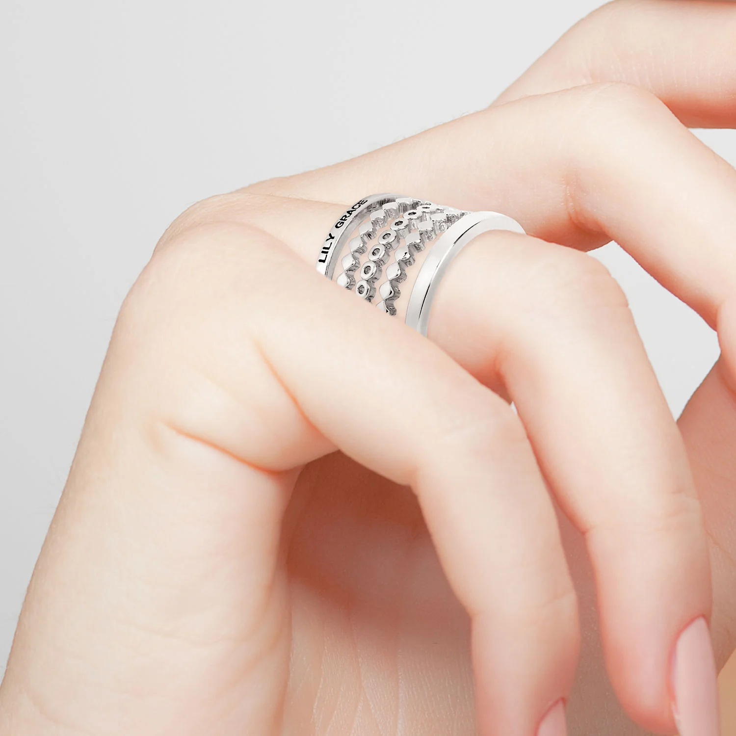 Silver Personalized Beaded Stackable 5 Ring Set - Image 2