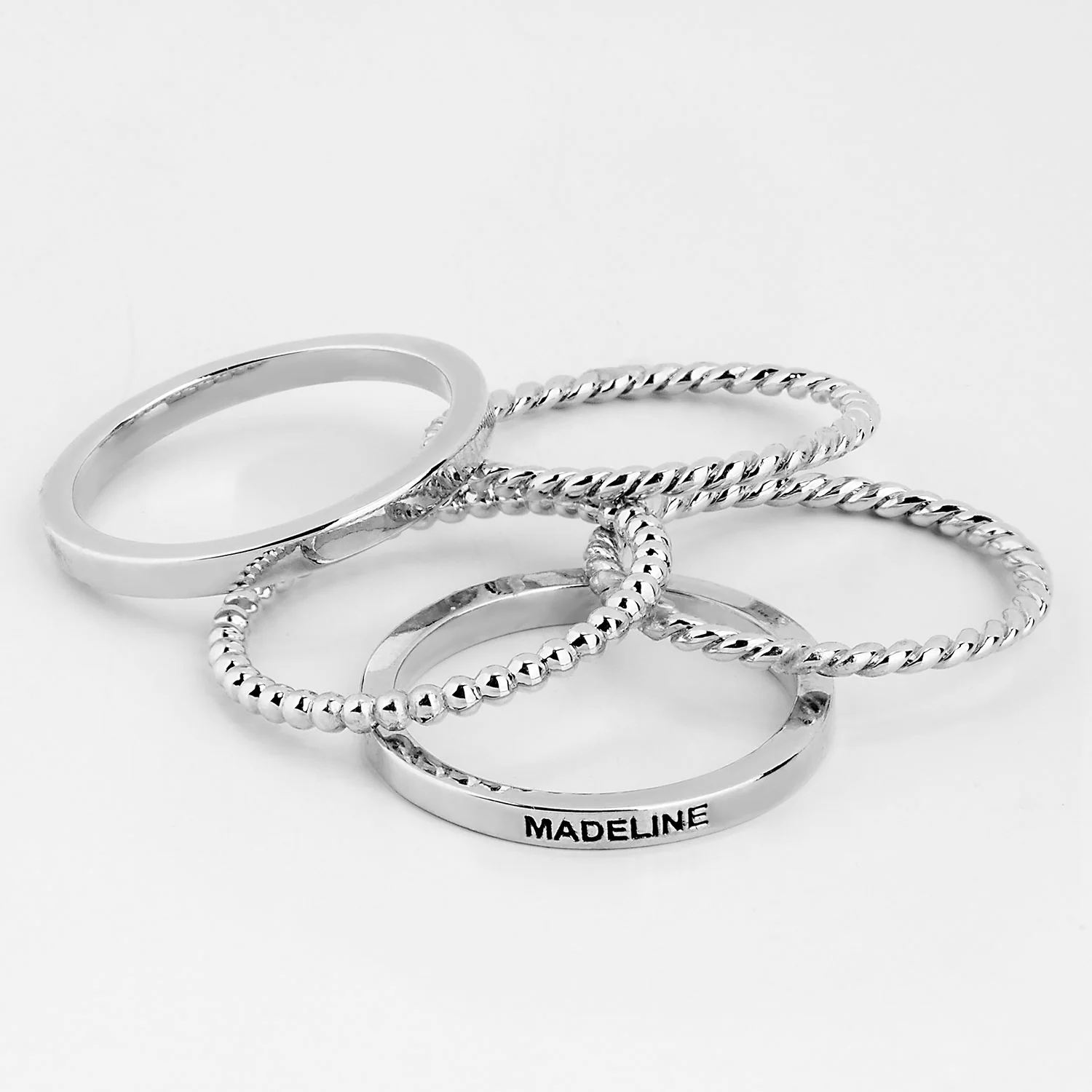 Silver Personalized Roped and Beaded Stackable 5 Ring Set - Image 4