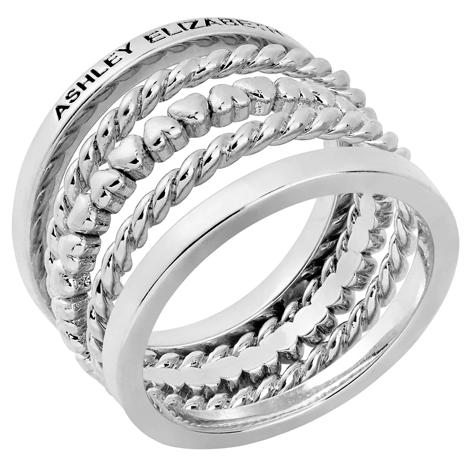 Silver Personalized Roped and Petite Heart Stackable 5 Ring Set - Image 3