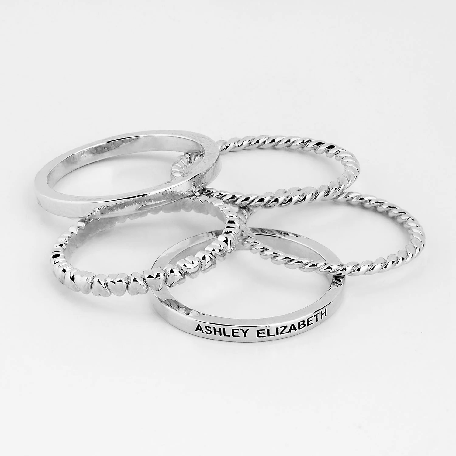 Silver Personalized Roped and Petite Heart Stackable 5 Ring Set - Image 4