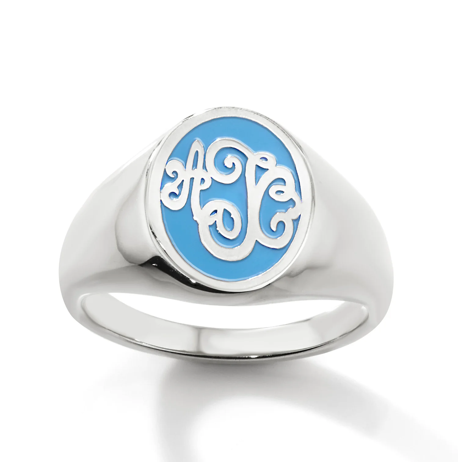 Silver Plated Birthmonth Enamel Script Monogram Signet Ring - Image 3