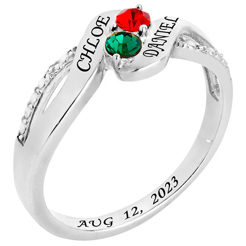 Silver Plated Couple's Birthstone Bypass Diamond Accent Ring - Image 2
