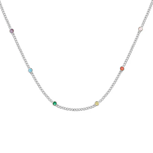 Silver Plated Curb Chain with Birthstone Stations Necklace -  2 to 6 stones