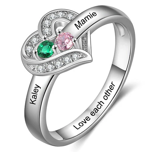 Silver Plated CZ Heart Engraved 2 Birthstones Ring