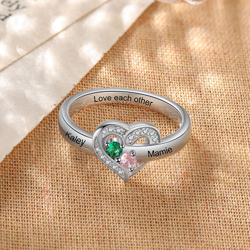 Silver Plated CZ Heart Engraved 2 Birthstones Ring - Image 2