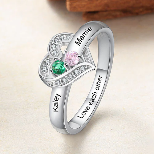 Silver Plated CZ Heart Engraved 2 Birthstones Ring - Image 3
