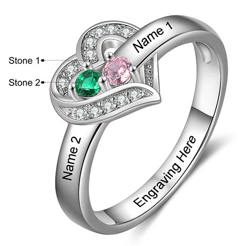 Silver Plated CZ Heart Engraved 2 Birthstones Ring - Image 4