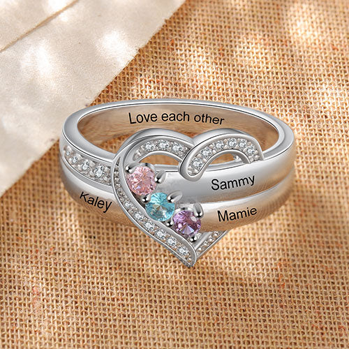 Silver Plated CZ Heart Engraved 3 Birthstones Ring - Image 2