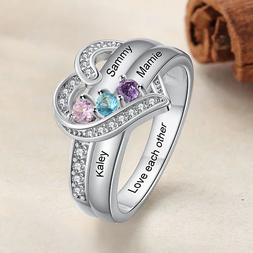Silver Plated CZ Heart Engraved 3 Birthstones Ring - Image 3