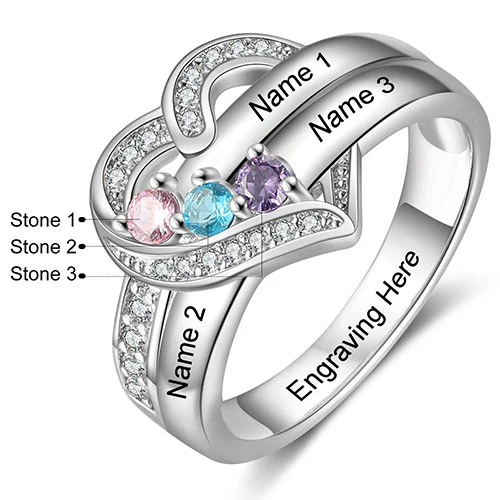 Silver Plated CZ Heart Engraved 3 Birthstones Ring - Image 4