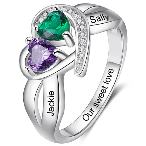 Silver Plated CZ Heart Engraved Double Birthstone Ring - Image 2