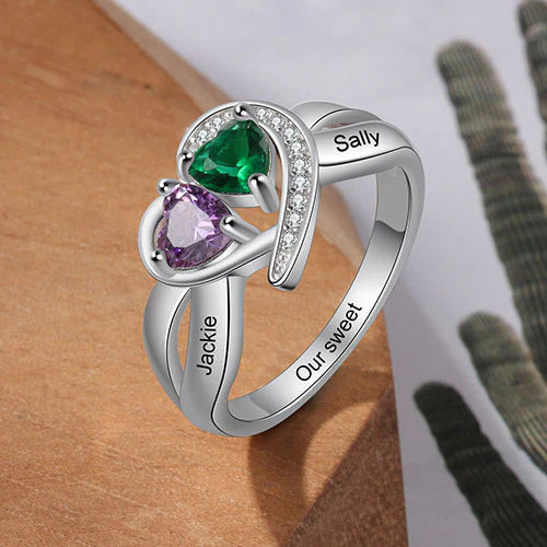 Silver Plated CZ Heart Engraved Double Birthstone Ring - Image 3