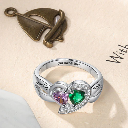 Silver Plated CZ Heart Engraved Double Birthstone Ring - Image 4