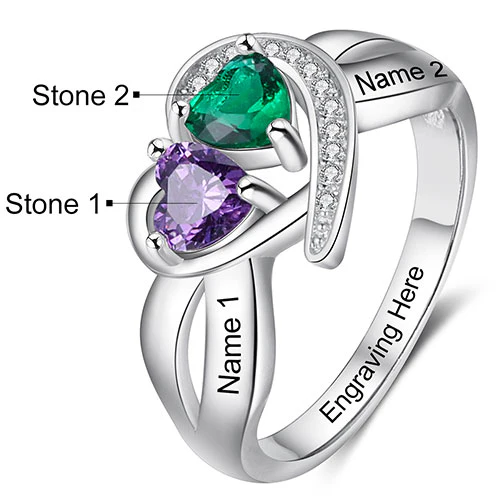 Silver Plated CZ Heart Engraved Double Birthstone Ring - Image 5