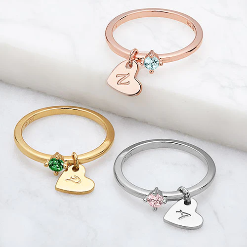 Silver Plated Dainty Heart Charm Ring with Birthstone - Image 4