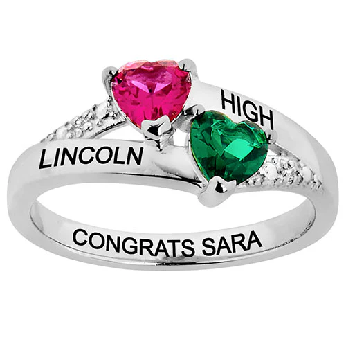 Silver Plated Double Birthstone Heart Diamond Accent Class Ring