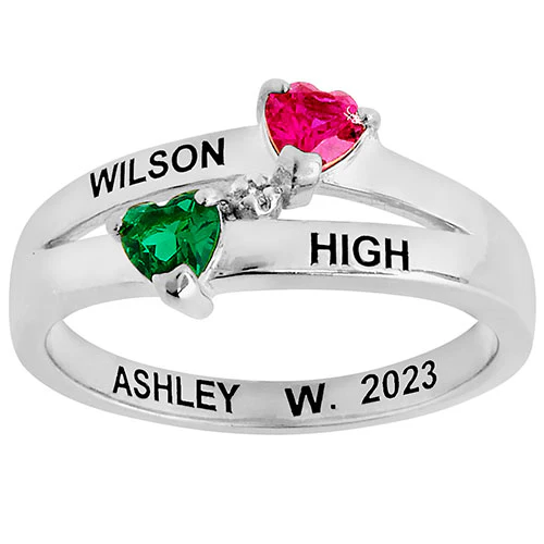Silver Plated Double Birthstone Heart Diamond Accent Class Ring