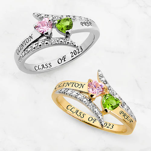Silver Plated Double Heart Birthstone Bypass Diamond Accent Class Ring - Image 4