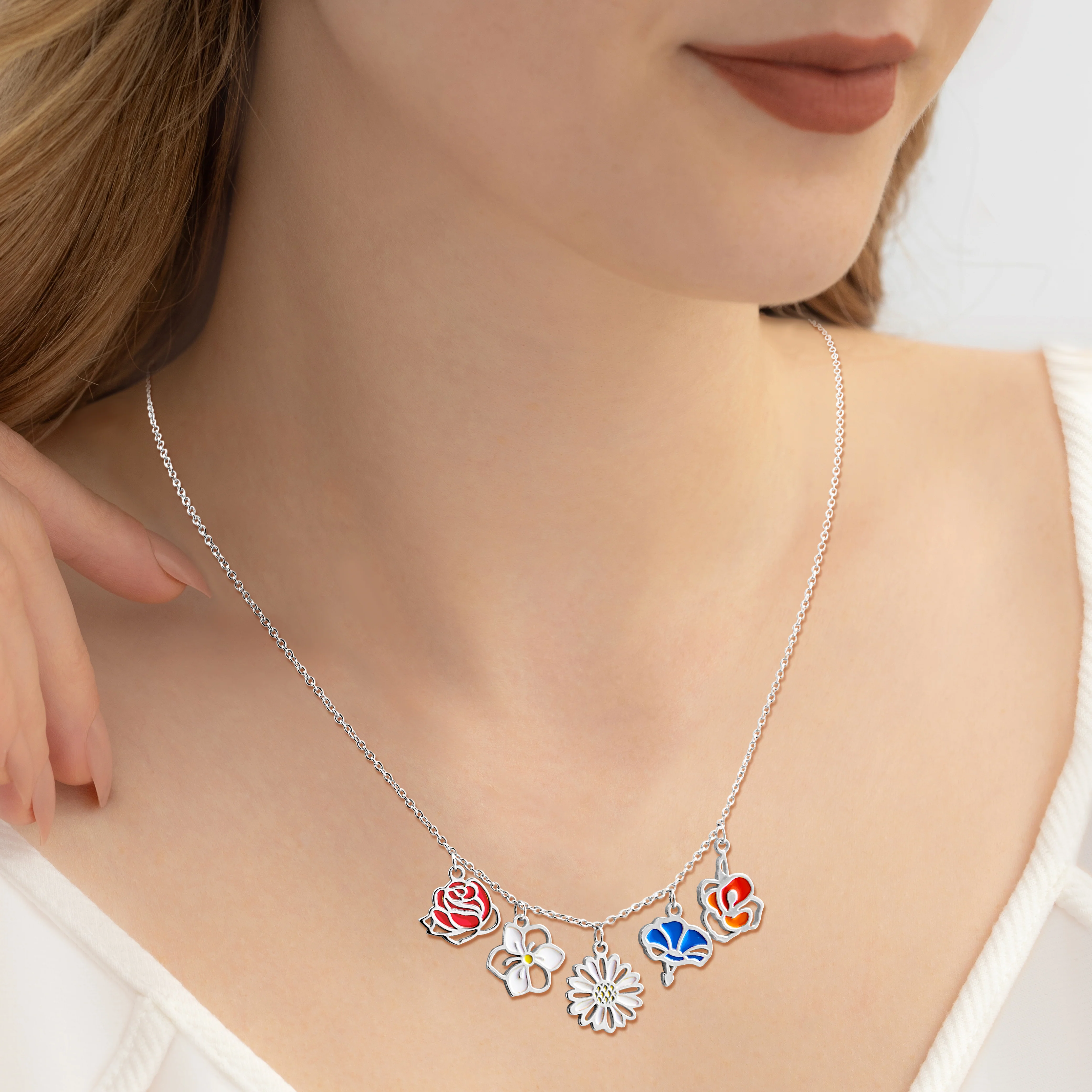 Silver Plated Enamel Birth Month Flower Charm Necklace - Image 2