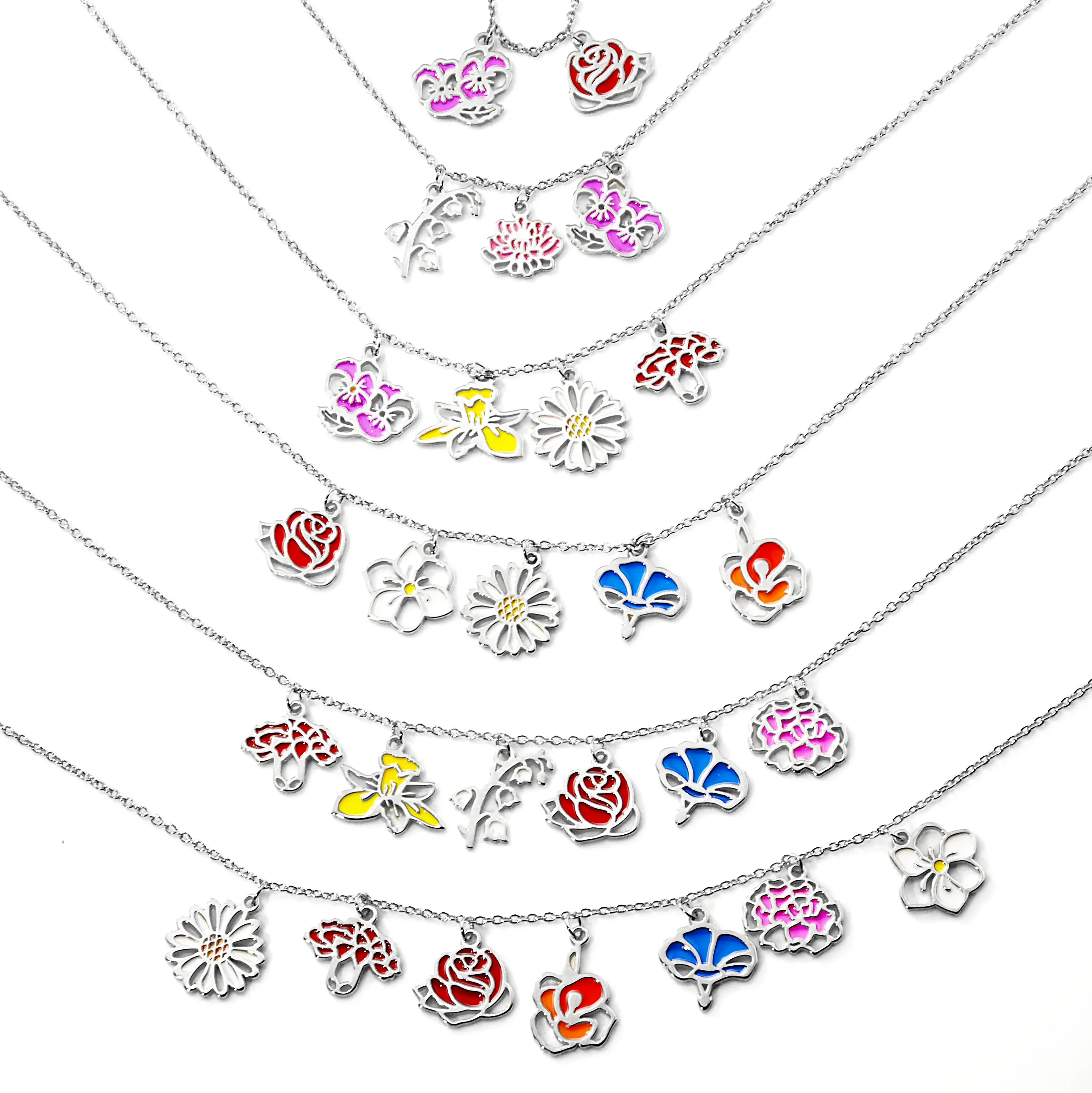 Silver Plated Enamel Birth Month Flower Charm Necklace - Image 3