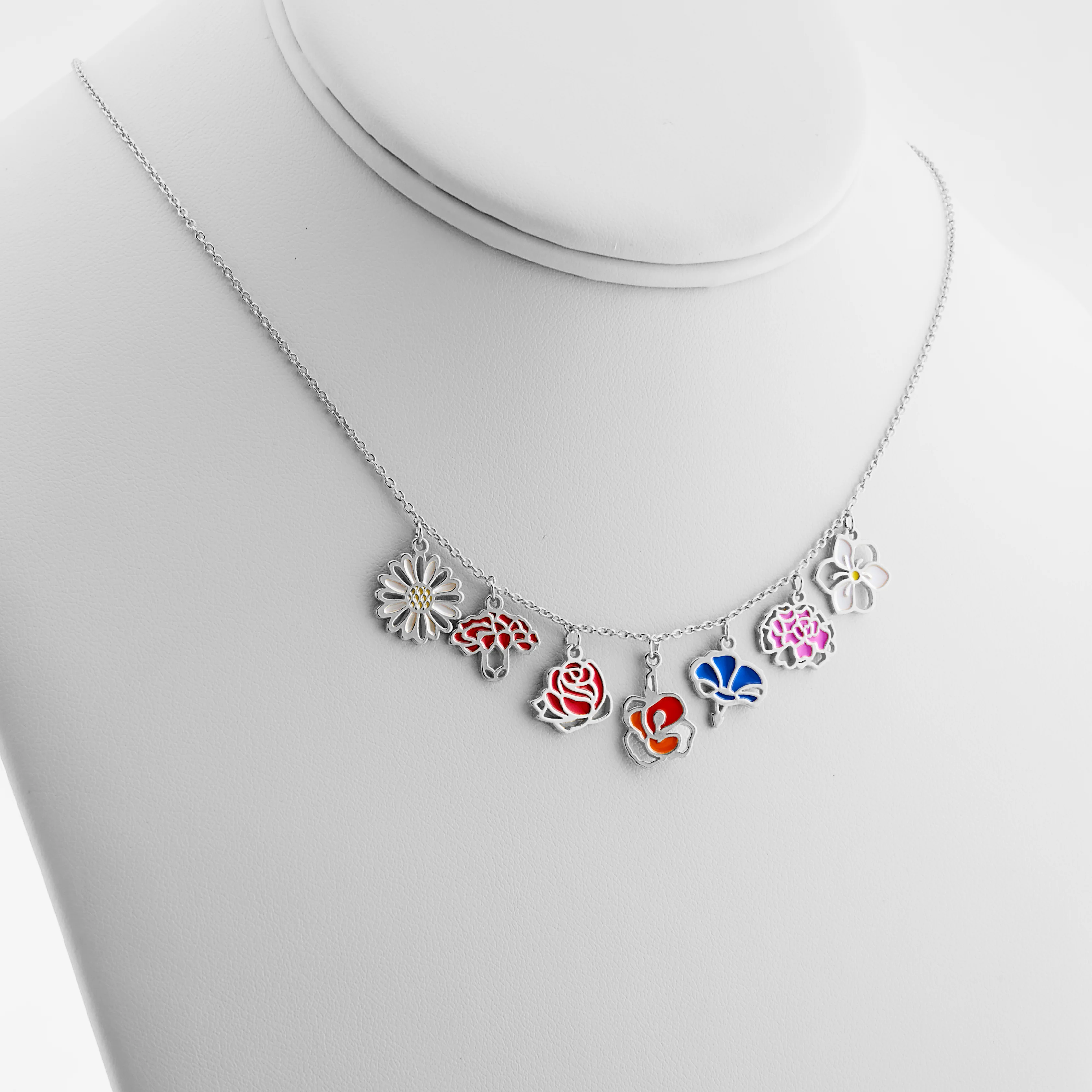 Silver Plated Enamel Birth Month Flower Charm Necklace - Image 5