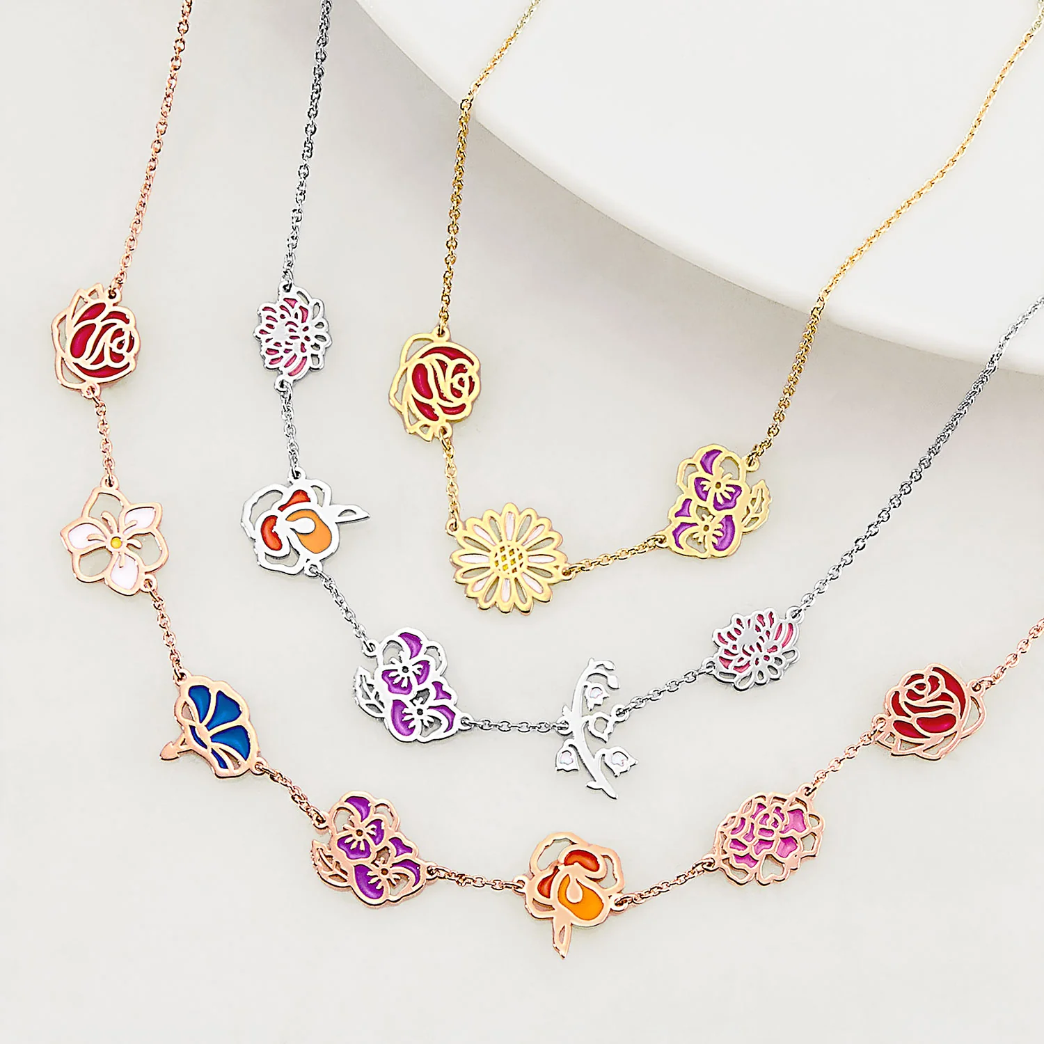 Silver Plated Enamel Birthmonth Flower Station Necklace - Image 5