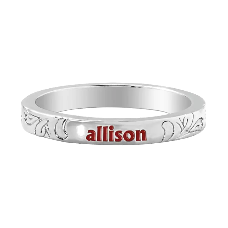Silver Plated Enamel Name  Floral Filigree Band Ring - Image 3