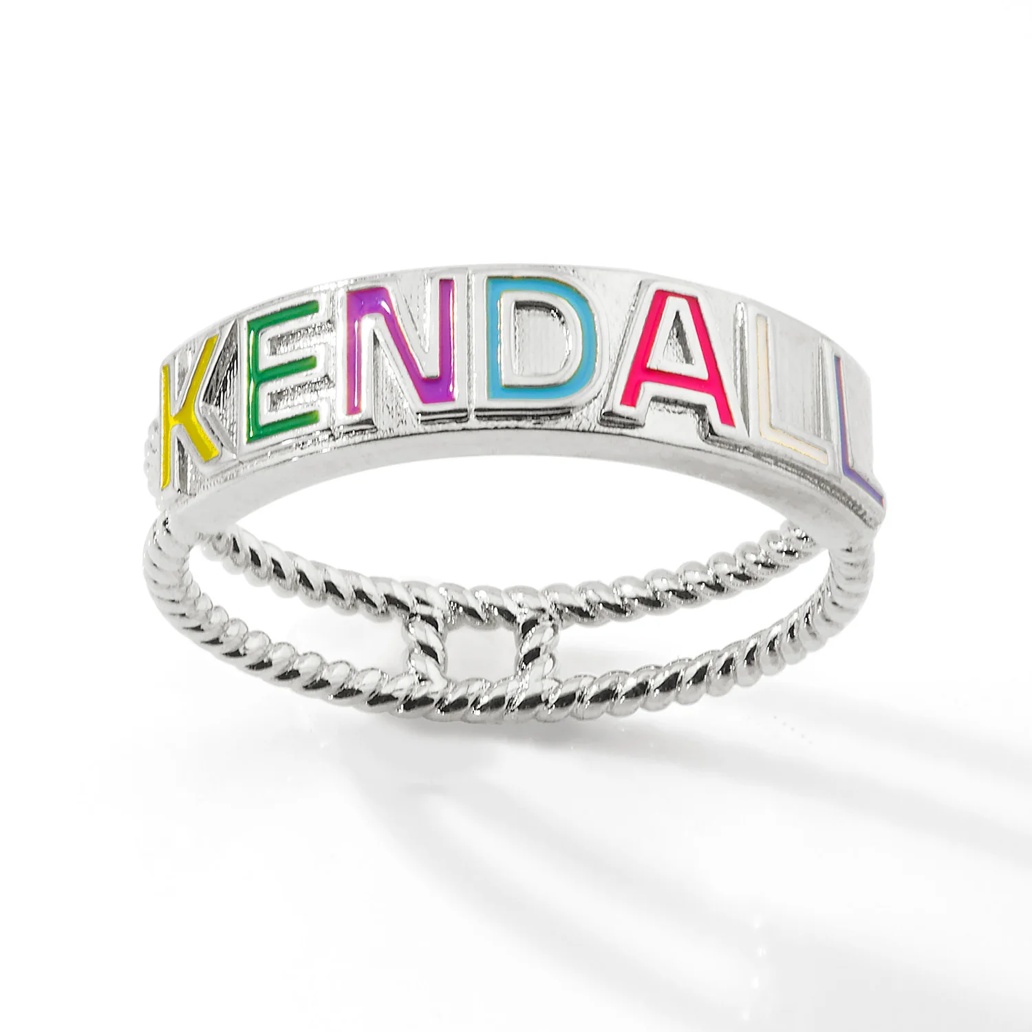 Silver Plated Enamel Name with Double Roped Band Ring - Image 4