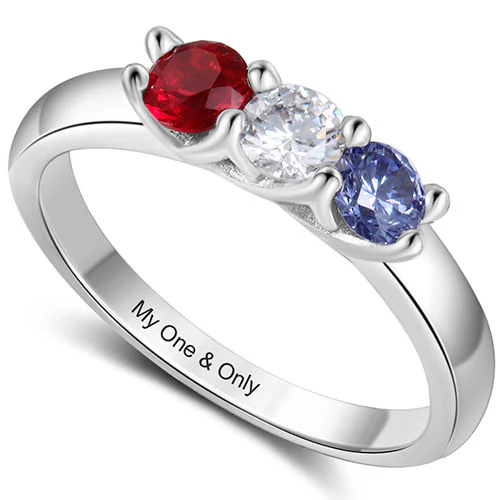 Silver Plated Engraved 3 Birthstone Ring - Image 2