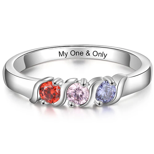Silver Plated Engraved 3 Birthstone S-Curve Ring