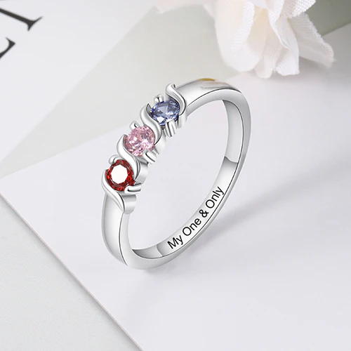Silver Plated Engraved 3 Birthstone S-Curve Ring - Image 2
