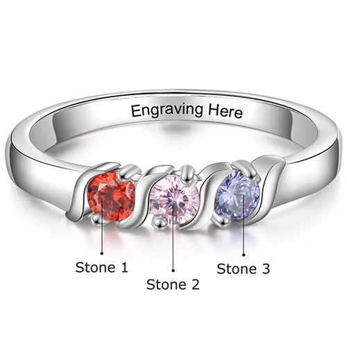 Silver Plated Engraved 3 Birthstone S-Curve Ring - Image 6