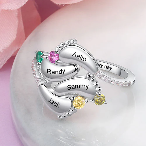 Silver Plated Engraved 4 Birthstone Footprints Family Ring - Image 3