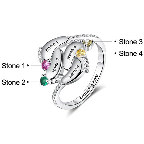 Silver Plated Engraved 4 Birthstone Footprints Family Ring - Image 4