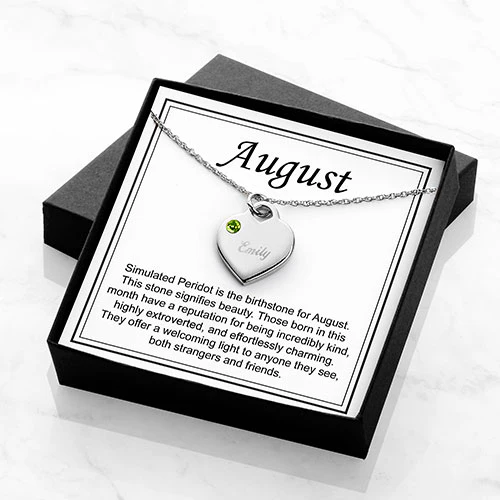 Silver Plated Engraved August Birthstone Heart Necklace - Image 3
