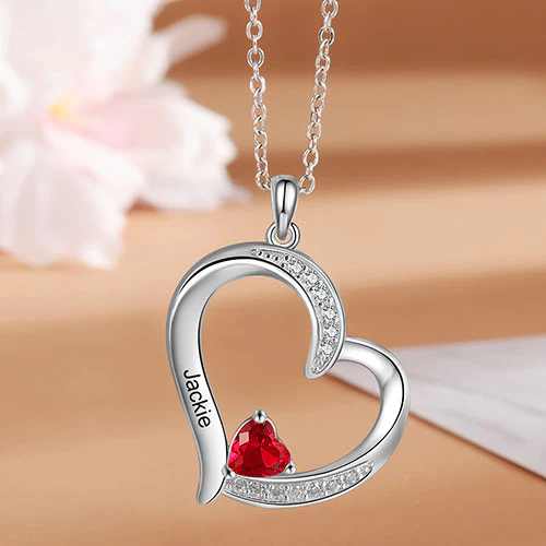 Silver Plated Engraved Birthstone CZ Open Heart Necklace - Image 2