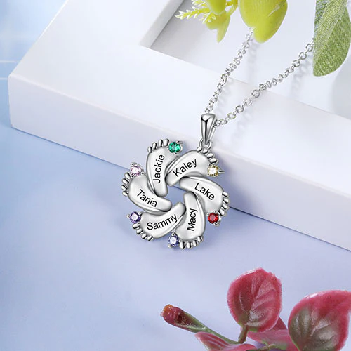 Silver Plated Engraved Birthstone Footprint Necklace - Image 2