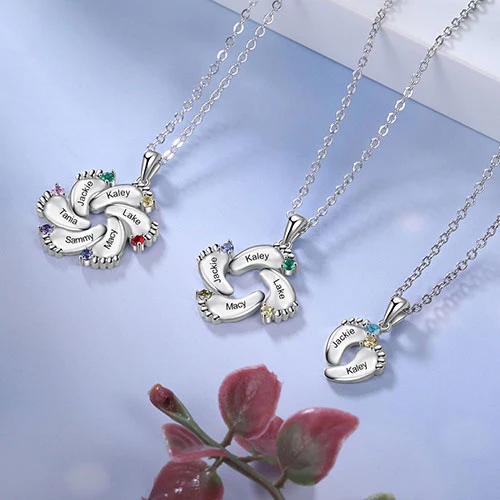 Silver Plated Engraved Birthstone Footprint Necklace - Image 9