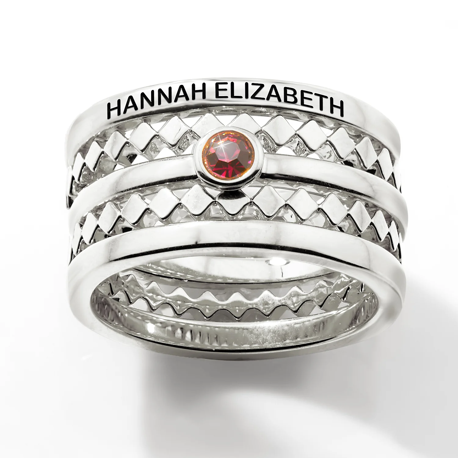 Silver Plated Engraved Birthstone Geometric Stackable 5 Ring Set