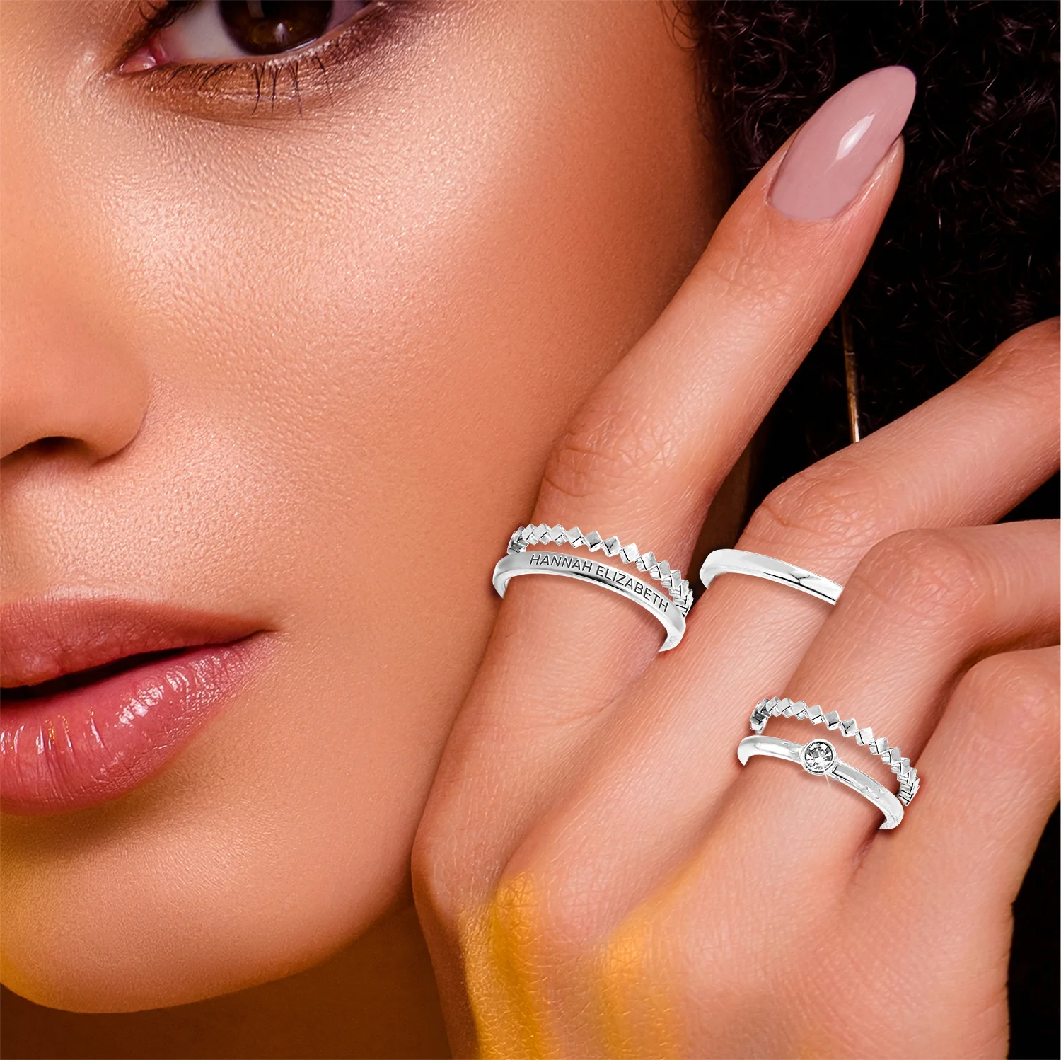 Silver Plated Engraved Birthstone Geometric Stackable 5 Ring Set - Image 2