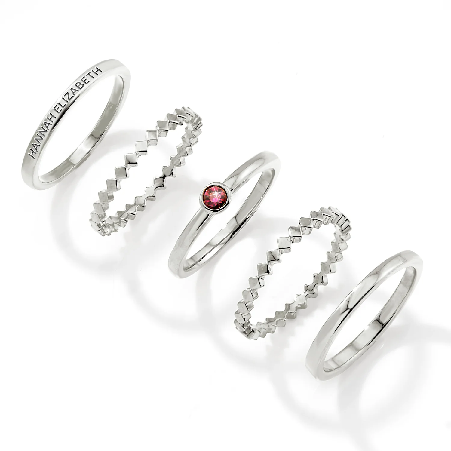 Silver Plated Engraved Birthstone Geometric Stackable 5 Ring Set - Image 3