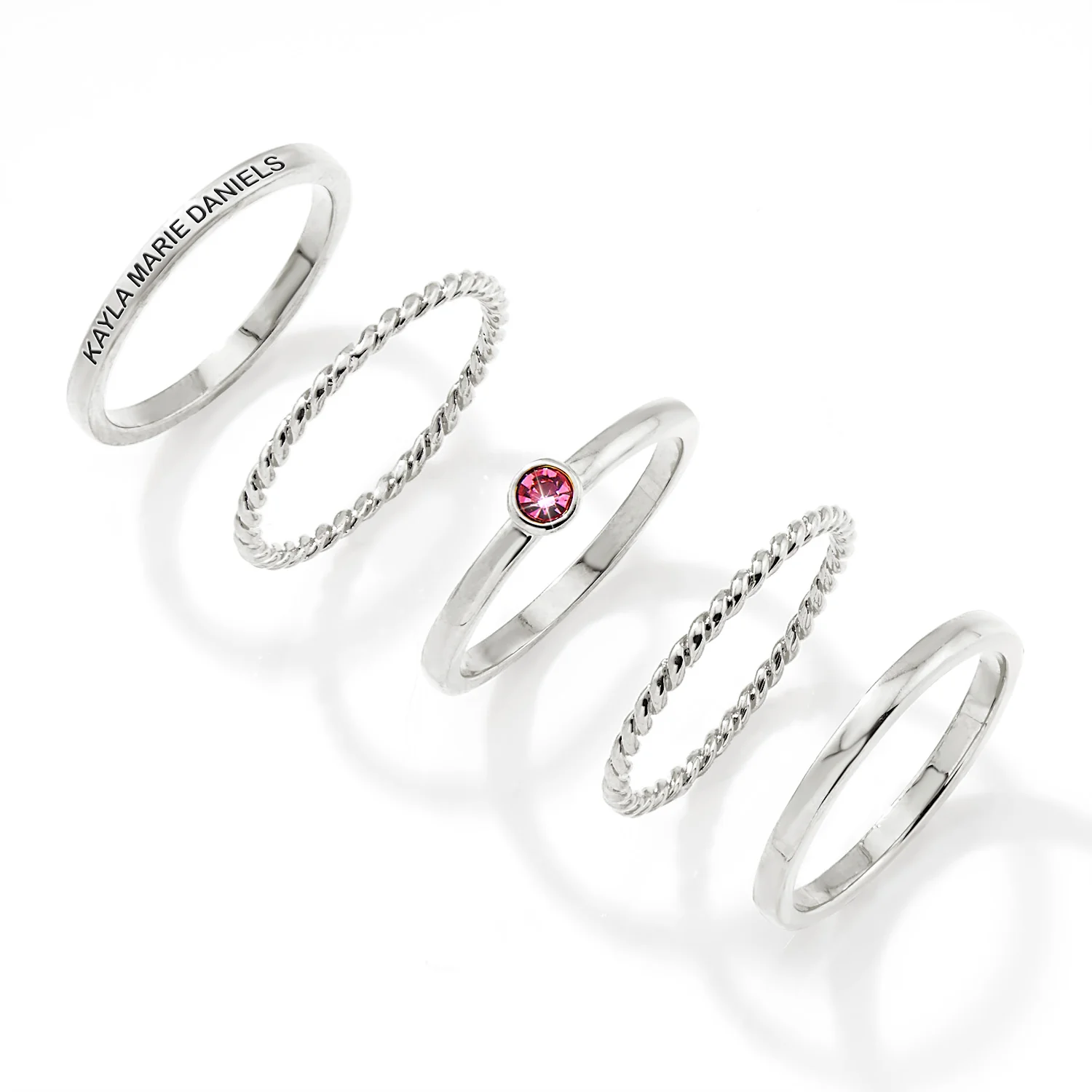 Silver Plated Engraved Birthstone Roped Stackable 5 Ring Set - Image 3