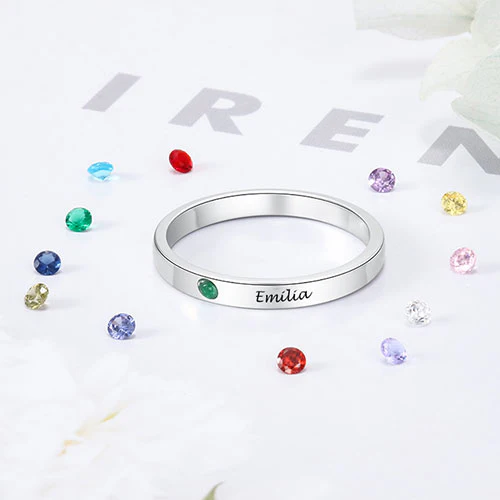 Silver Plated Engraved Birthstone Stackable Band Ring - Image 3