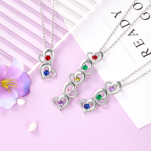 Silver Engraved Birthstone Vertical Open Heart Necklace - Image 3