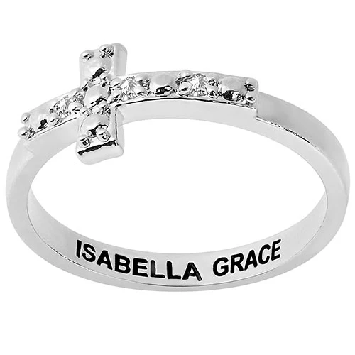 Silver Plated Engraved Diamond Accent Cross Ring