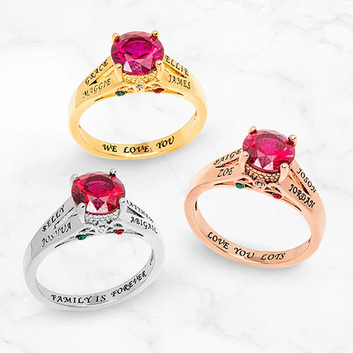 Silver Plated Engraved Family Birthstone with Diamond Accent Ring - Image 4