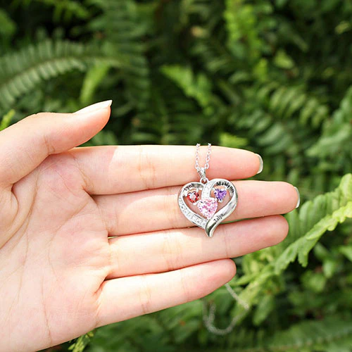 Silver Plated Engraved Heart Birthstone Heart Necklace with CZ - Image 3