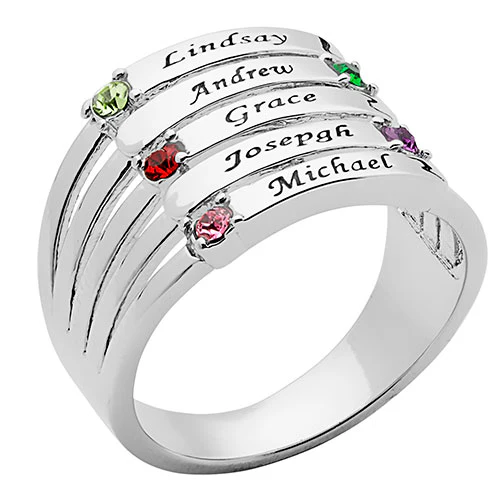 Silver Plated Engraved Name and Birthstone Faux Stack Ring - Image 2