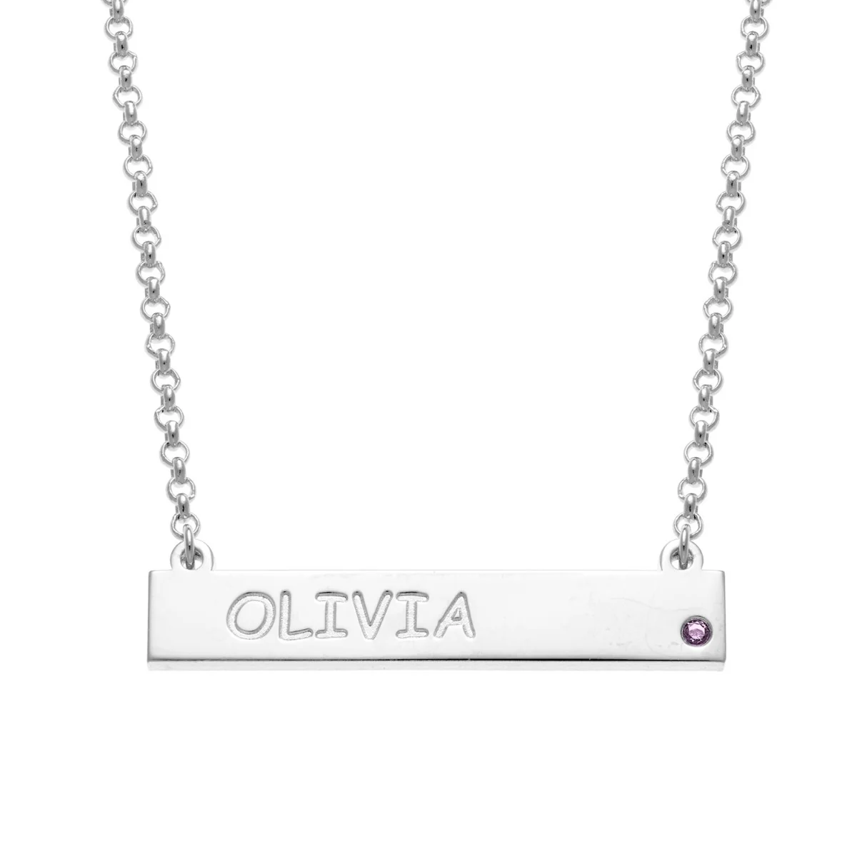 Silver Plated Engraved Name and Birthstone Mini Bar Necklace - Image 3
