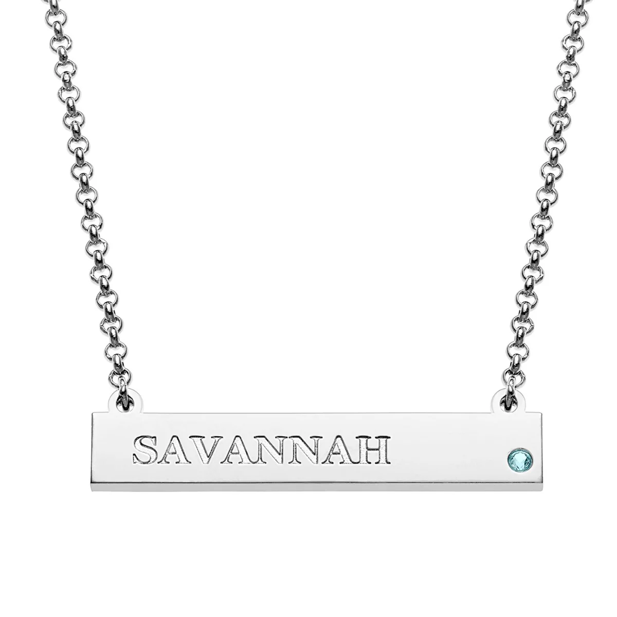 Silver Plated Engraved Name and Birthstone Mini Bar Necklace - Image 6